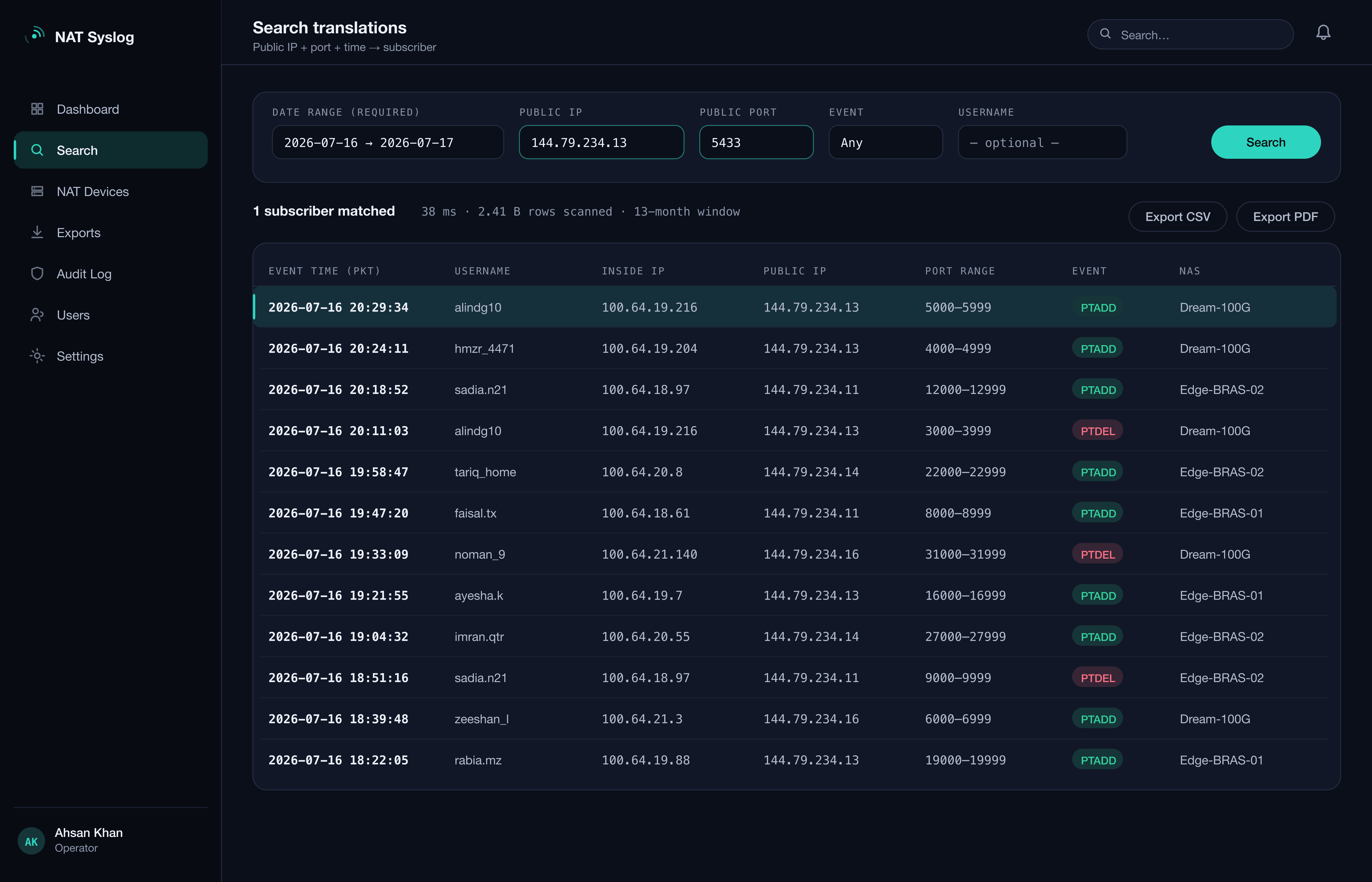 NAT Syslog search — filtering translation events by public IP, port and date range